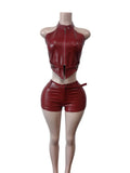 Luxe Two Piece Belted PU Set With Zip Halter Top And Skinny Shorts