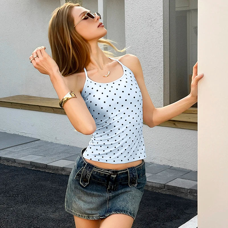 Polka Dot Halter Backless Crop Cami