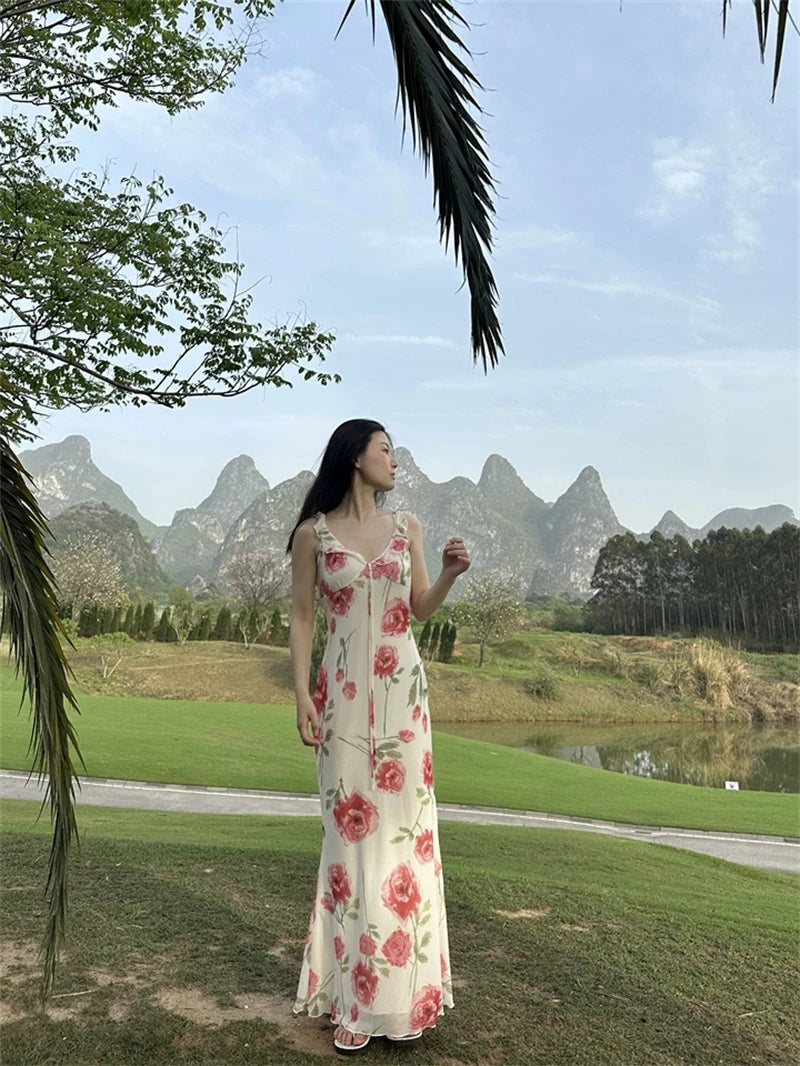 Rose Print Reverie Backless Fishtail Midi Dress With Tiered Ruffles And V Neck