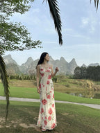 Rose Print Reverie Backless Fishtail Midi Dress With Tiered Ruffles And V Neck