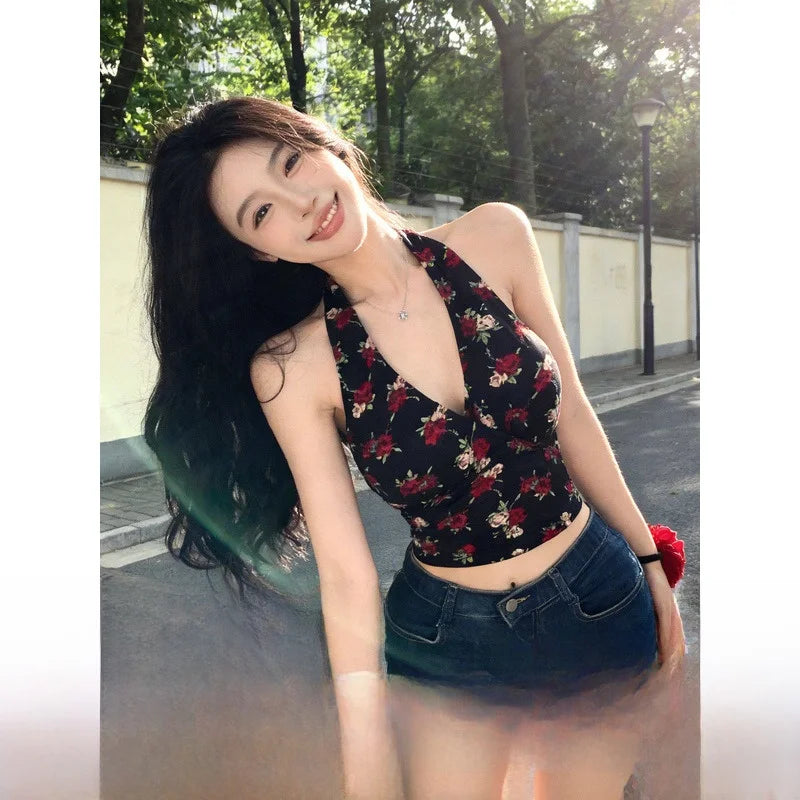 Retro Floral V Neck Halter Top