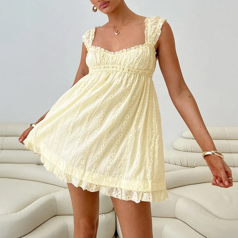 Backless Babydoll Dress With Jacquard Eyelet Lace Square Neck Frill Bust High Waist A Line Sundress