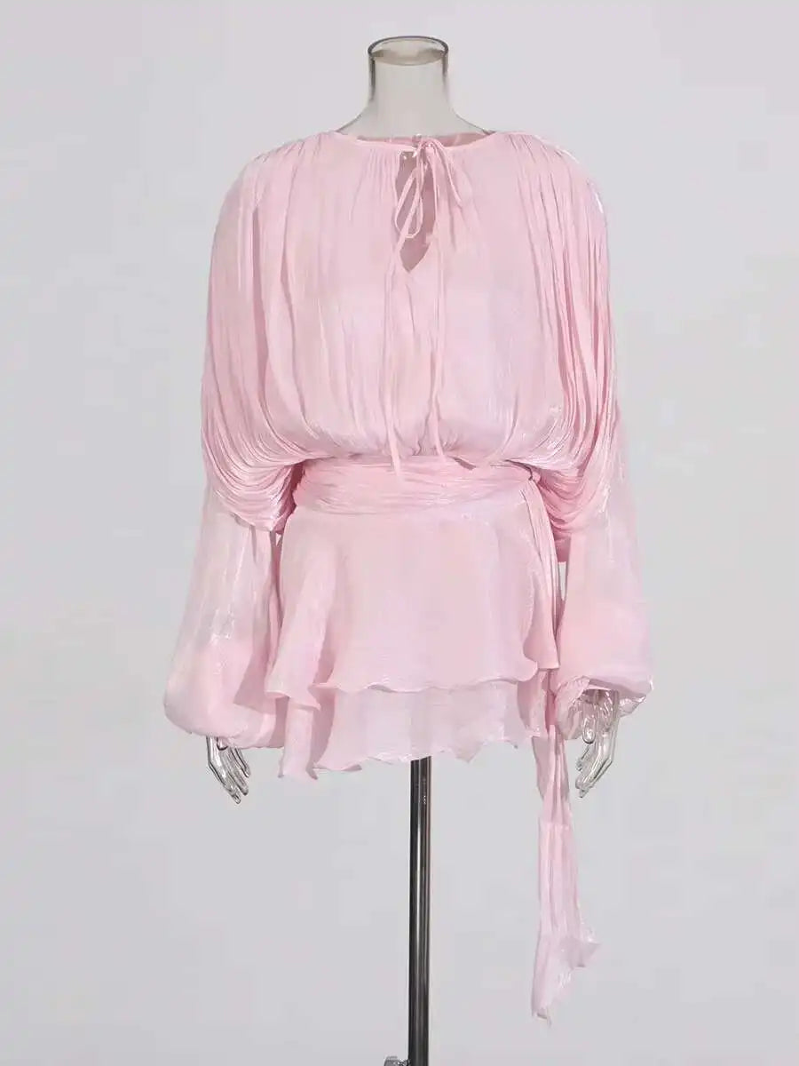 Lace Up V Neck Mini Dress For Women Long Sleeve