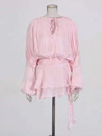 Lace Up V Neck Mini Dress For Women Long Sleeve