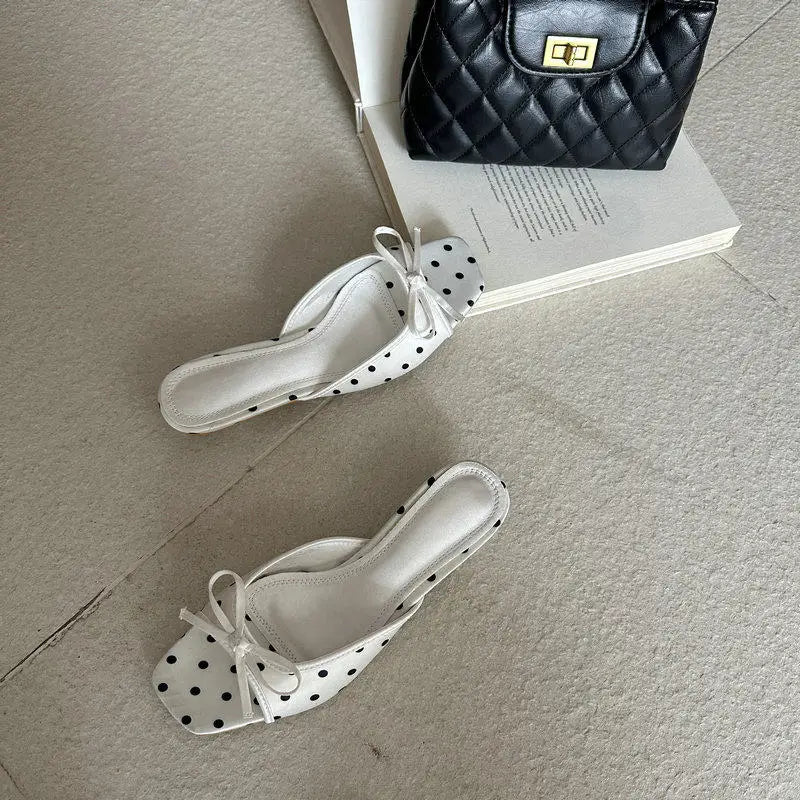 Elegant Polka Dot Satin Slippers With Square Toe And Butterfly Knot