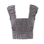 Sweet Plaid Chic Single Breasted Cropped Tops French Square Collar Puff Sleeve Blouse