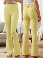 Boutique Knit Flared Pants With Elastic Waist And Back Bow Detail Slim Fit Trousers