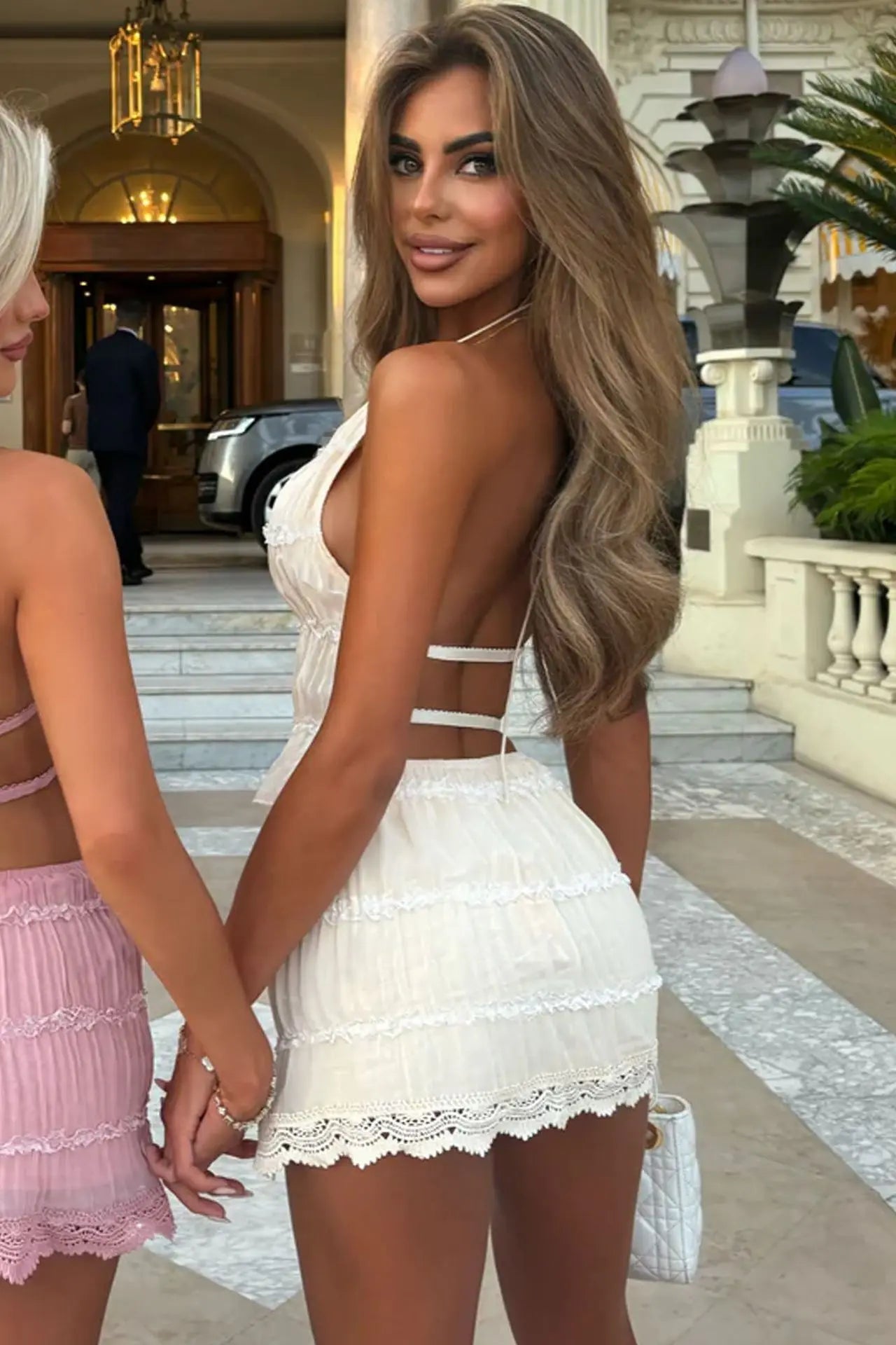 Halter Neck Backless two piece Pleated Skirt Set
