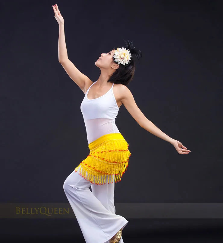 Handmade Beaded Belly Dance Hip Scarf With Lace Up Chiffon Base Fringes Belt
