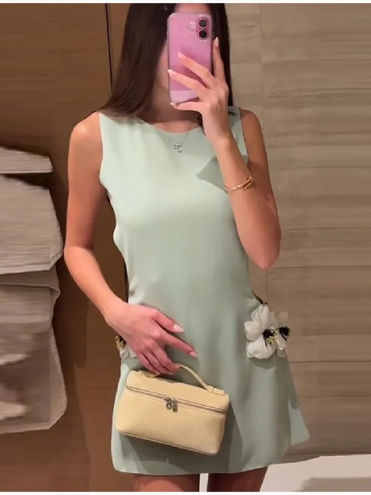 Lady 3D Flower Sleeveless Mini Dress Light Green