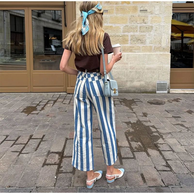 Vivid Multicolor Stripe Wide Leg Jeans With Pockets Low Waist Denim Trousers