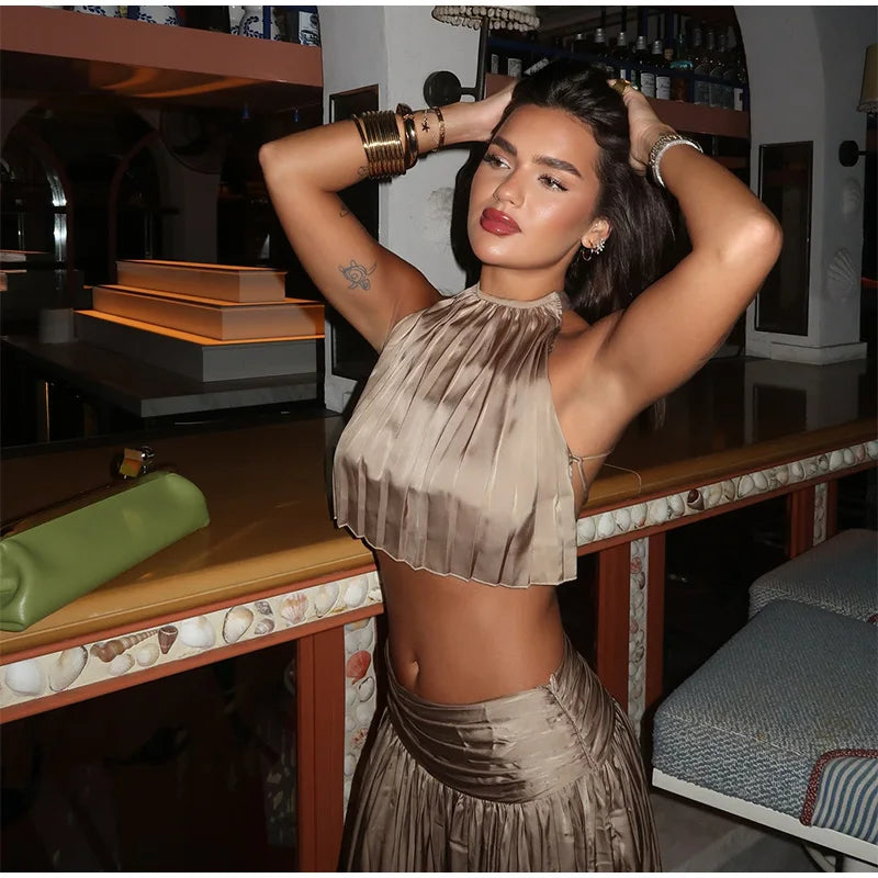 Two Piece Set Solid Color O Neck Top With Backless Lace Up And High Waist A Line Skirt