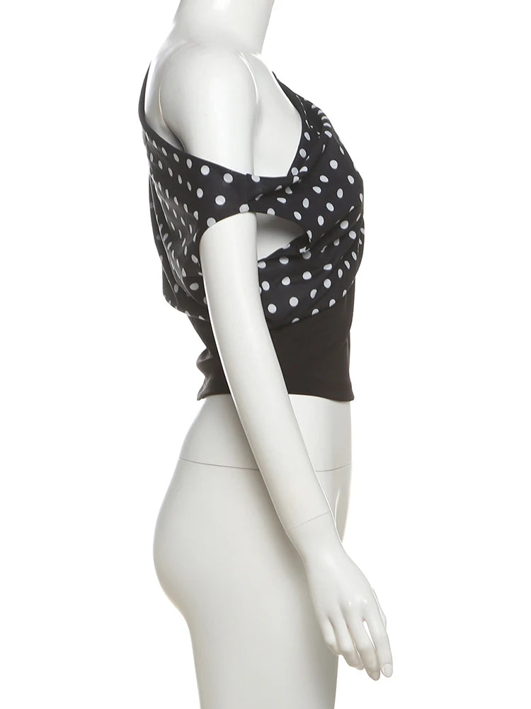 Polka Dot Off Shoulder Crop Top With Skew Collar And Ruched Backless