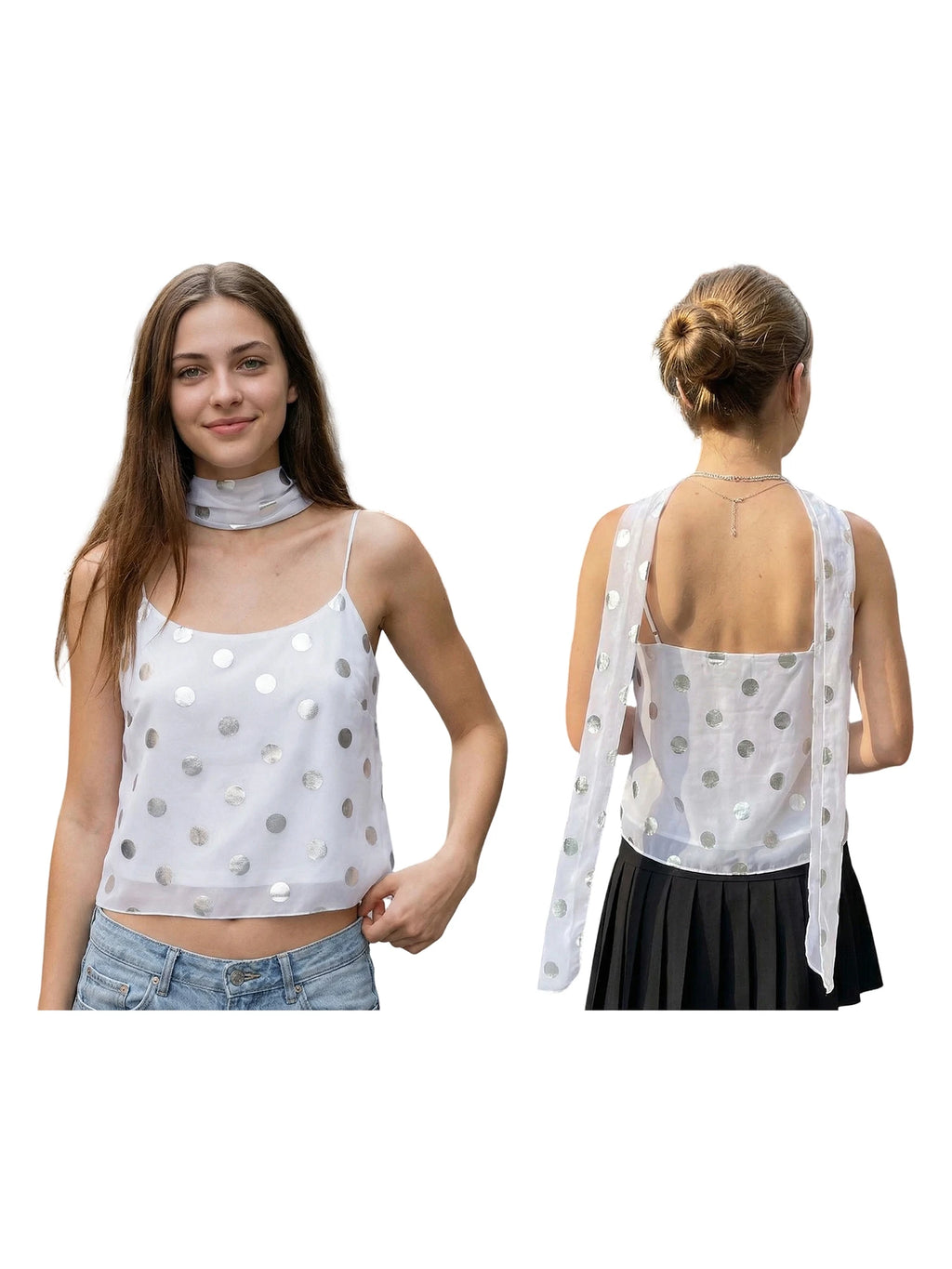 Shiny Sequins Polka Dot Camisole Backless Round Neck Top With Scarf