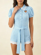 Dreamy Blue Polka Dot Puff Sleeve With Cutout Lace Trim