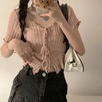 Soft Knit V Neck Cropped Ribbed Short Sleeve Tee