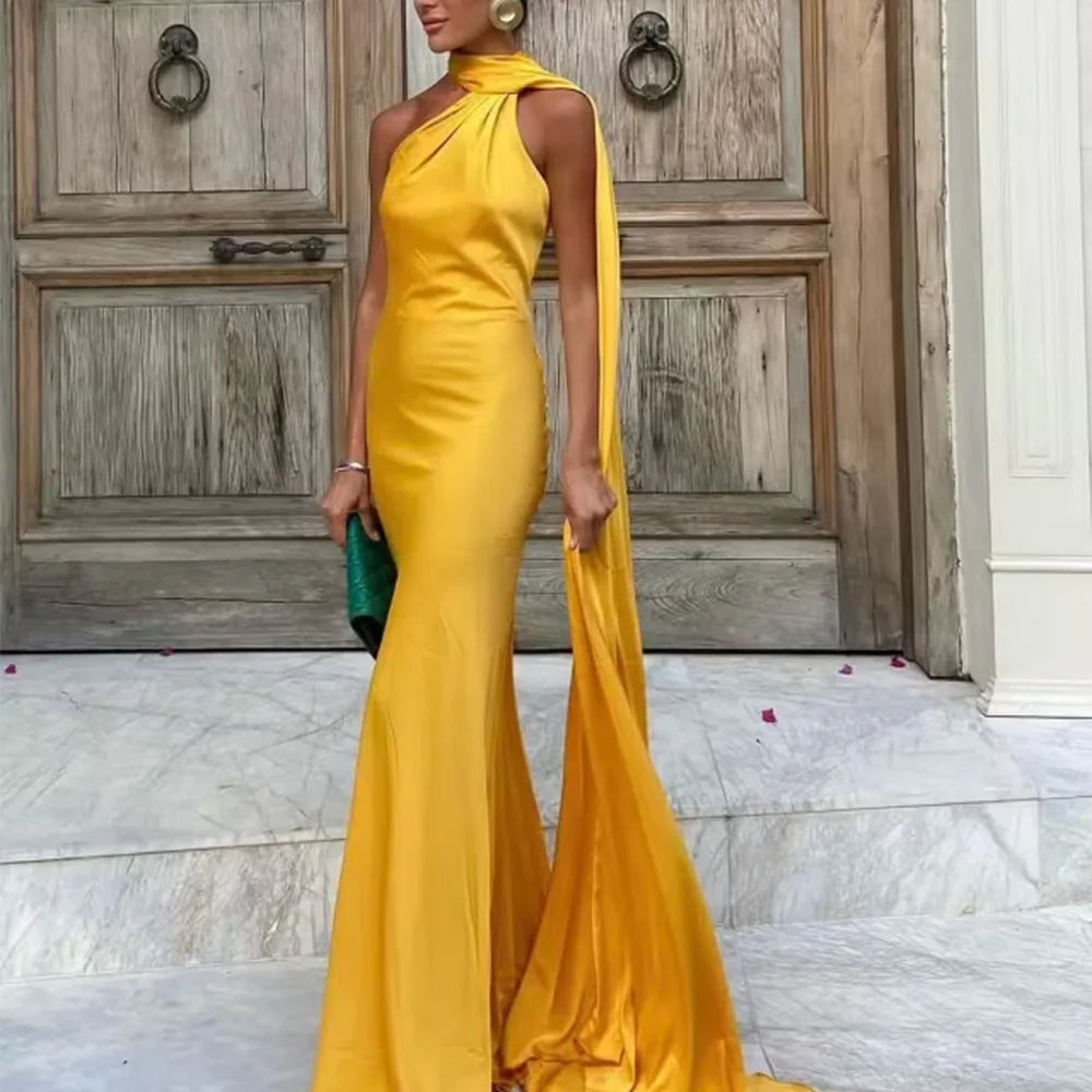 Elegant Silk Satin Halter Maxi Dress Backless Ribbon Tie Evening Gown