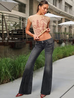 Letter Print O Neck Tee For Women Crop Top With Short Sleeves Navel Exposed Summer Street Style