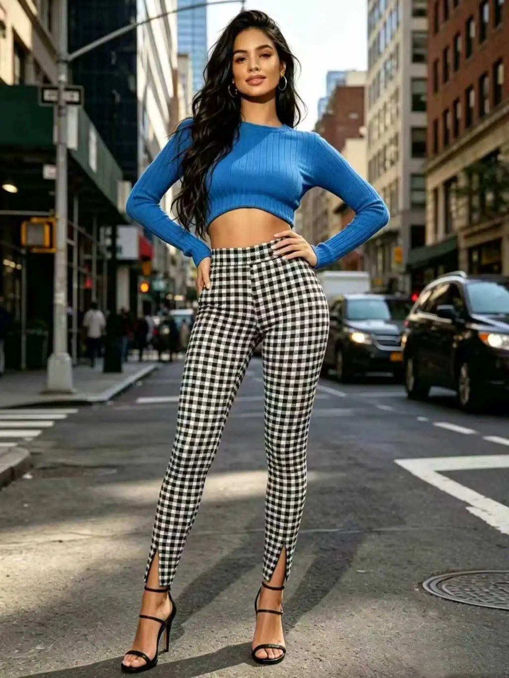 Black And White Plaid Leggings For Women High Waist Slim Fit Ankle Slit