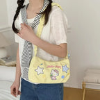 Bright Strawberry Daydream Shoulder Bag With Yellow Nylon And Blue Grid Star Detail