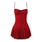 Crimson Ruched Front Button Mini Dress With Slash Collar And Sling Bodice