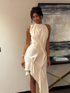 Chic Backless Off Shoulder Pleated Knee Length Dress With Irregular Silhouette