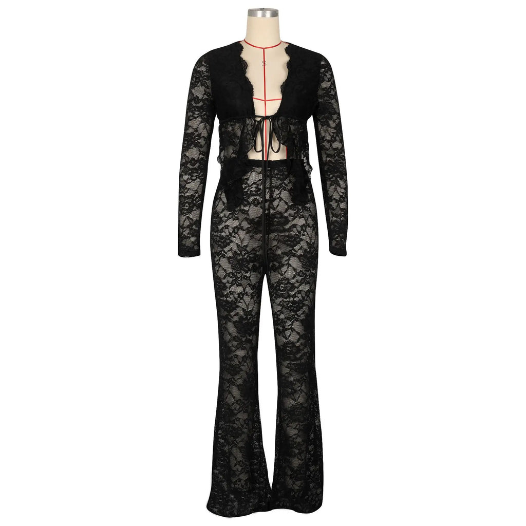 See Through Lace Set With Long Sleeve Top And Pants