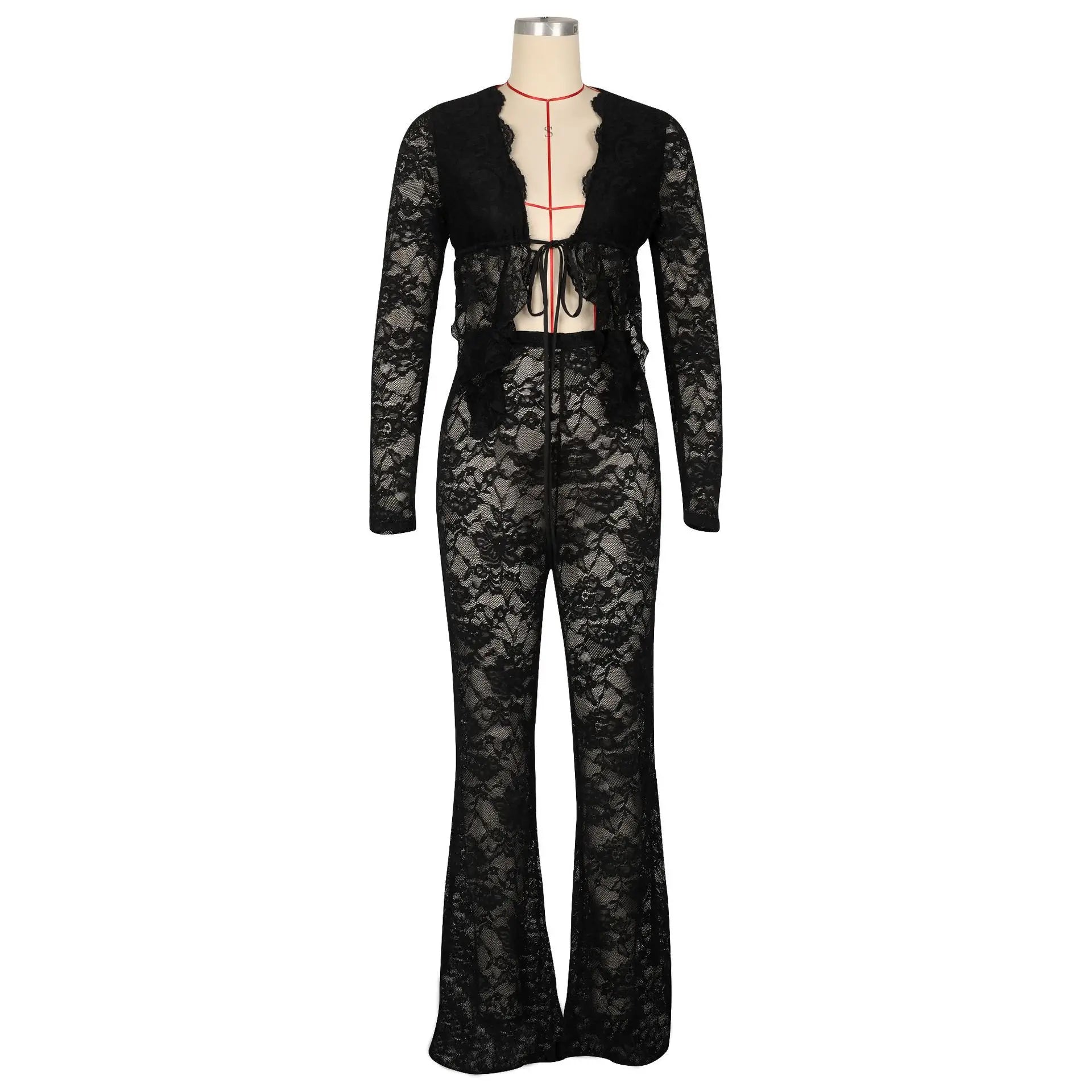 See Through Lace Set With Long Sleeve Top And Pants