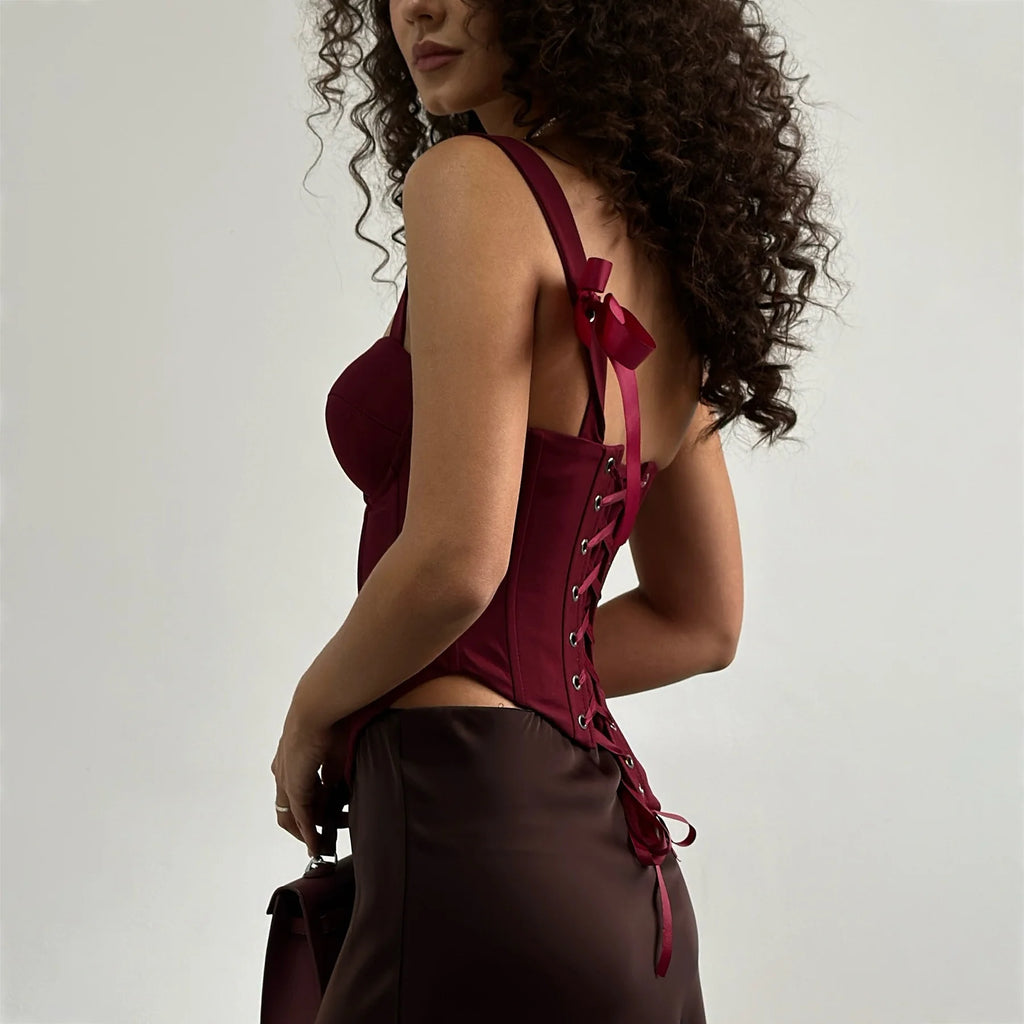 Burgundy One Shoulder Corset Top With Lace Up Back And Asymmetrical Hem Clubwear Night Out