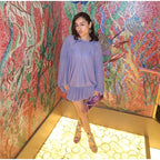 Backless Lace Up Mini Dress With Batwing Sleeves Round Neck Pleated