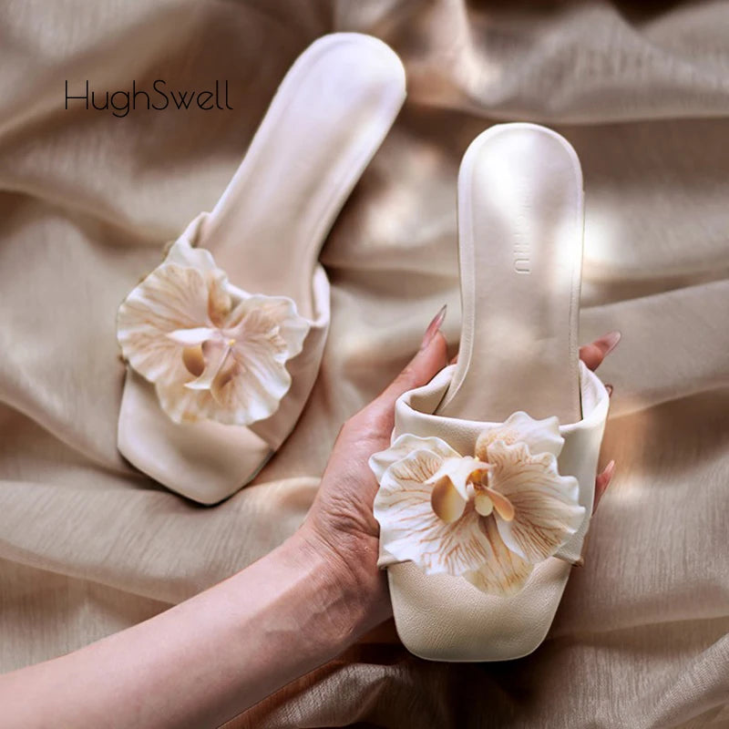 Romantic Nude Floral Butterfly Orchid Mule With Low Kitten Heel And Square Toe Elegant Evening Footwear