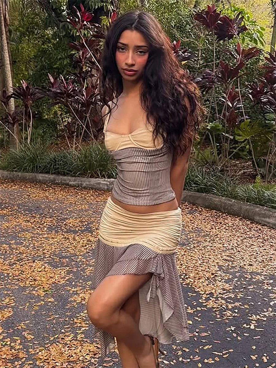 Striped Two Piece Set With Backless Tank Top And Tiered Mini Skirt