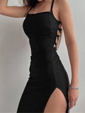 Halter Neck Bodycon Dress With Sleeveless Backless Design Spaghetti Straps High Slit