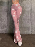 Vibrant Pink Patchwork Flared Pants With Elastic Waist And Wide Leg Streetwear Abstract Print