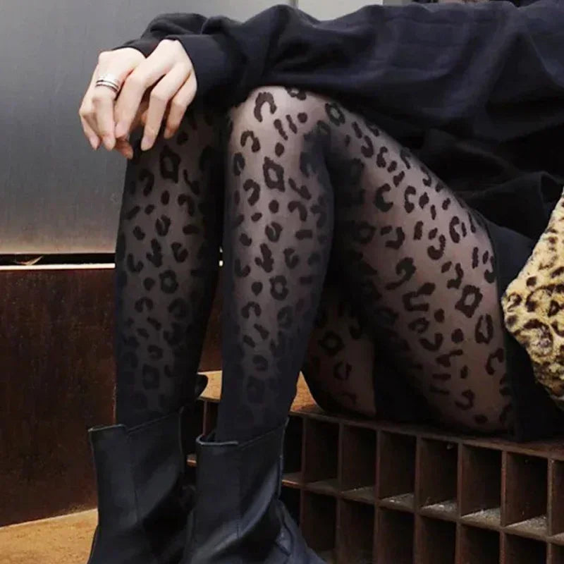 Gothic Leopard Sheer Stockings With Transparent Finish Seamless Pantyhose Edge