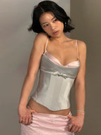 Sweet 2-Piece Set Women Patchwork Bow Decoration Low-Neck Camisole+Jacquard Mini Skirt