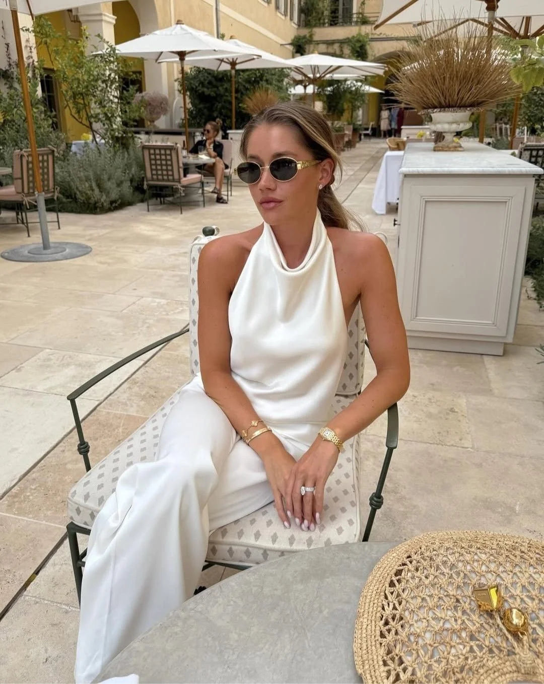 Elegant White Satin Halter Backless Top Sleeveless