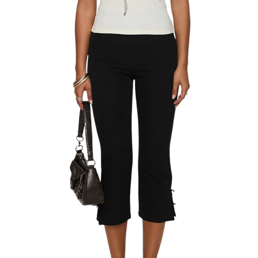 Bow Detail Cropped Capri Pants For Summer Slim Fit With Elastic Waist Solid Stretch