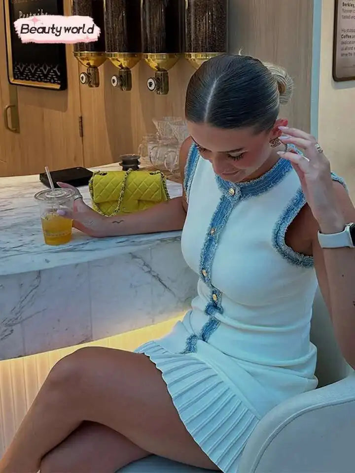 Patchwork Knit Mini Dress With Pleated Detail Round Neck Sleeveless