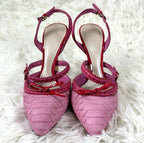 Vivid Pink Pointed Toe Pumps With Bow Strap Croc Embossed Detail