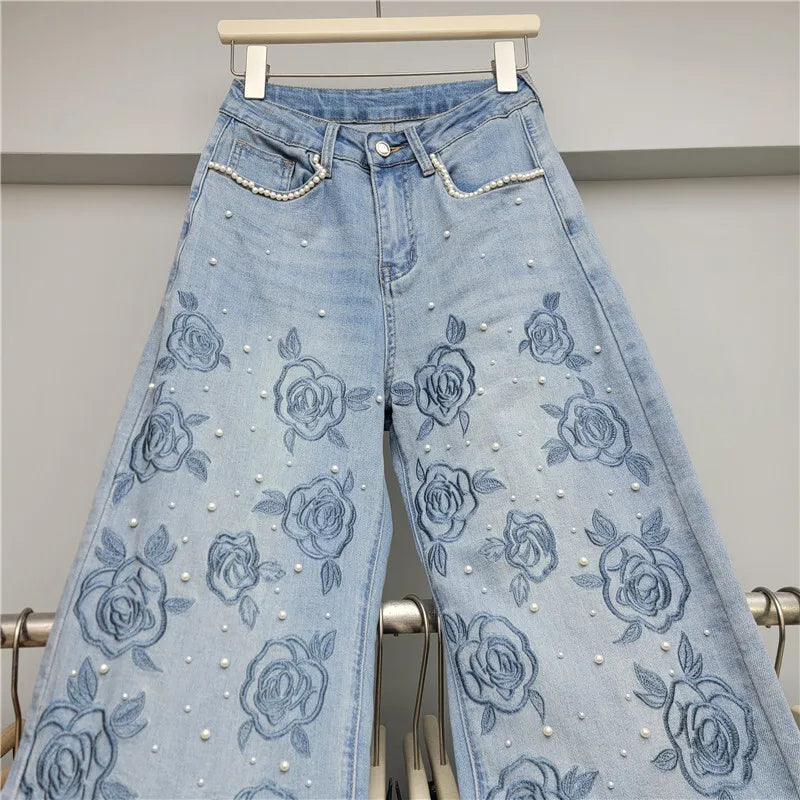 Beaded Embroidered Denim Wide Leg Jeans For Women With Vintage Style And Elegant Flair