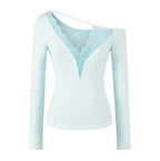 Soft Cotton Long Sleeve Lace Trim V Neck Top Feminine Style