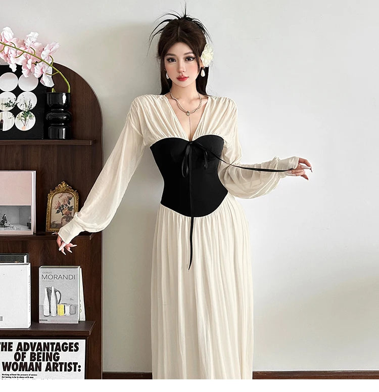 Chic Color Block Dress With Cinched Waist And V Neck