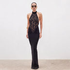 Elegant Lace Patchwork Sleeveless Dress For Women Chic Sheath Style With Hip Wrap