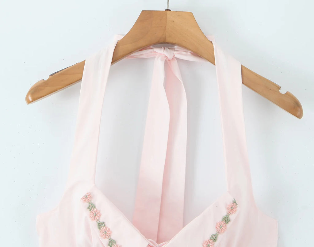 Pink Embroidered Floral Halter Corset Camisole With Ruched Chest Bow And Cross Lacing