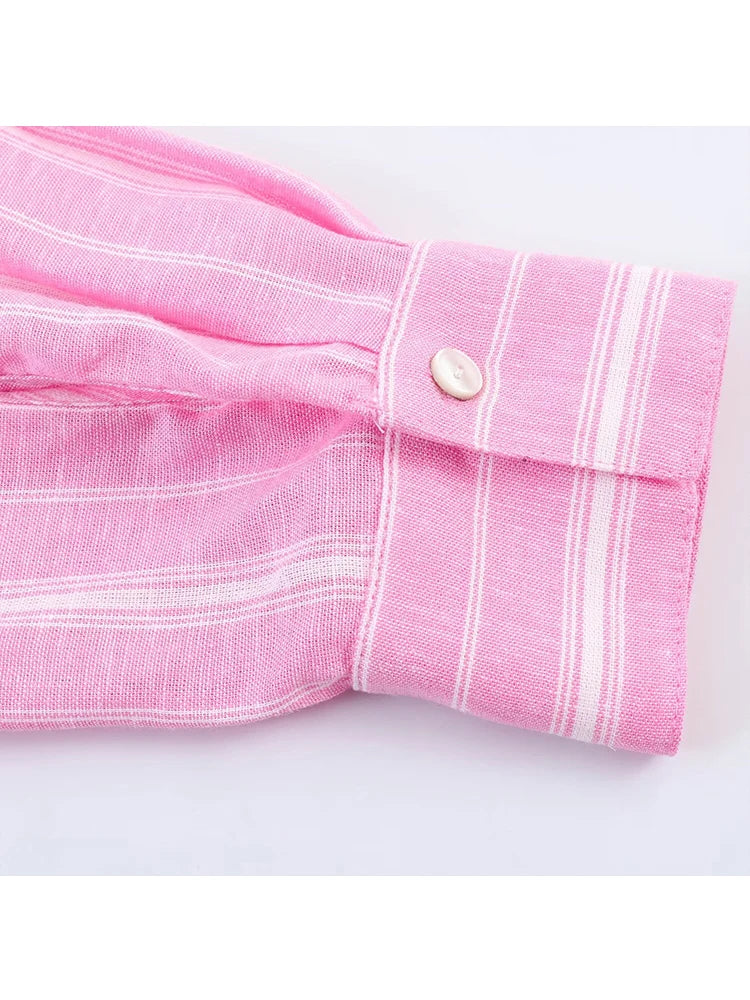 Pink Stripe Shirt Set With Pleated Long Skirt Elegant Two Piece Suit
