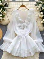 Boho 3D Floral Chiffon Sundress With Long Sleeves Lace Up Ruffle Detail