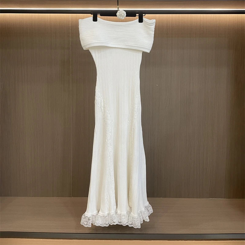 Chic Off-Shoulder Lace Dress And Knit Midi Set