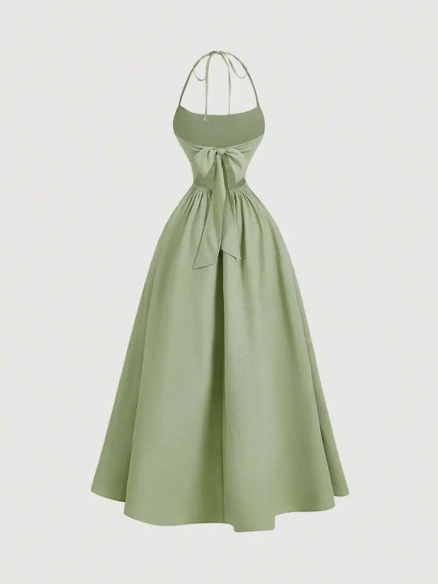 Halter Backless Midi Dress With Bowknot Waist Tie A Line
