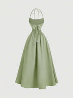 Halter Backless Midi Dress With Bowknot Waist Tie A Line